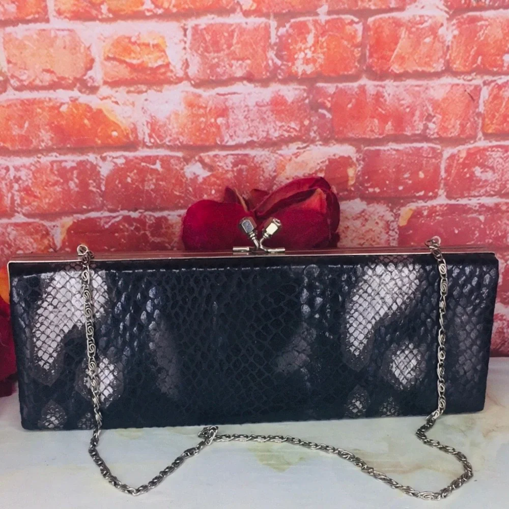 Vintage 80s Black Patent Snakeskin Box Clutch